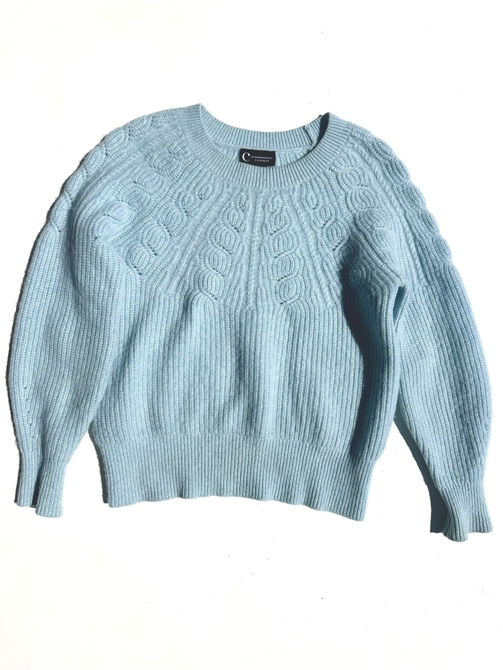 Coby Bloomingdale’s 100% Cashmere Light Blue Cable-Knit Crewneck Sweater, XS